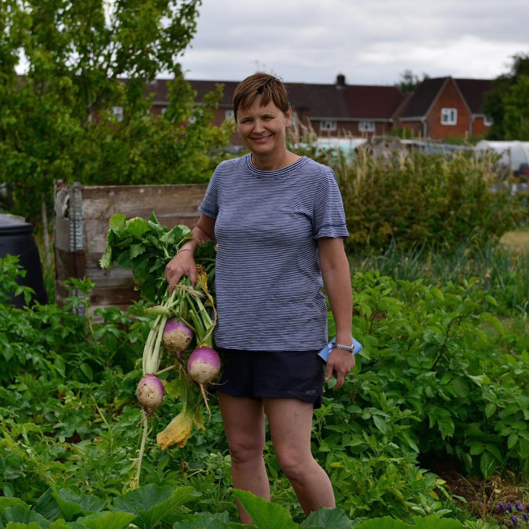 Karen on her allotment