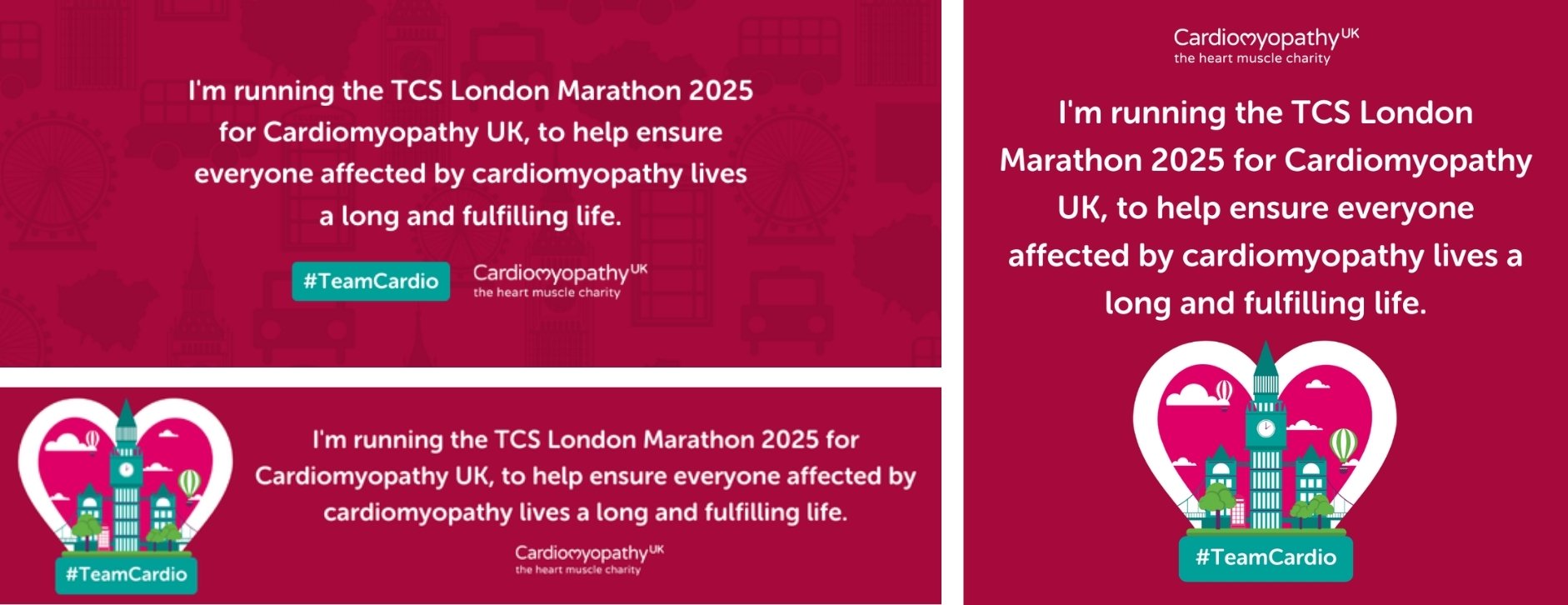 Some of our marathon fundraising graphics, including a social media post, a Facebook cover image and an email signature