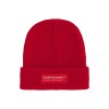 An image of the red Cardiomyopathy UK beanie laying flat on a white background